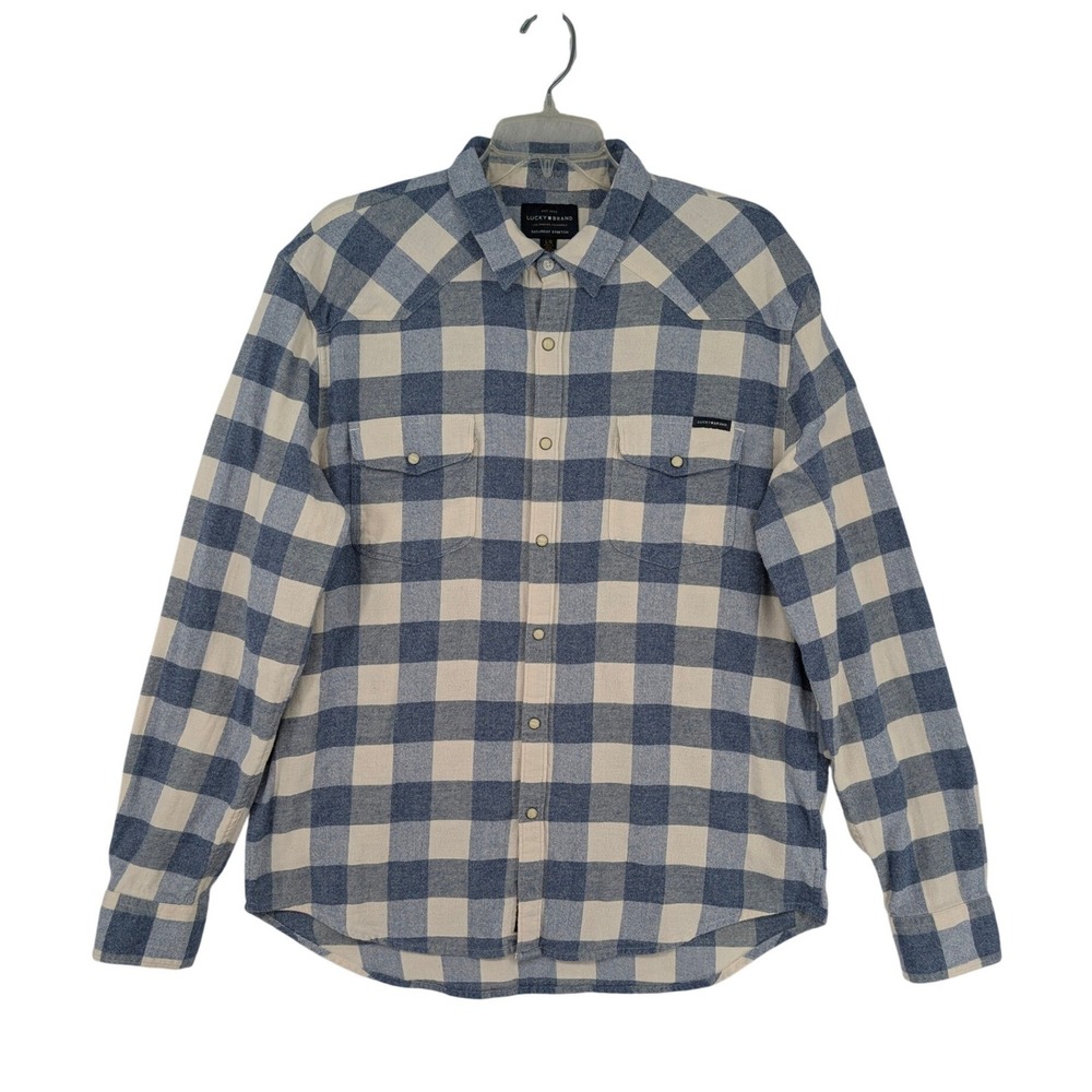 Lucky Brand Mens Saturday Stretch Western Pearl Snap Shirt Blue Plaid Large